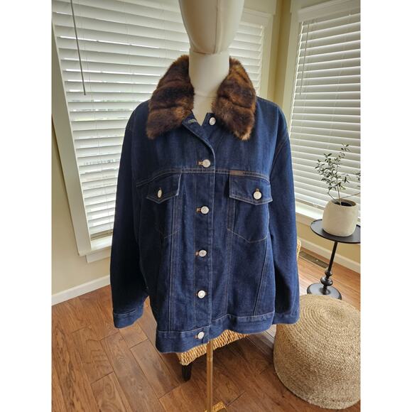 Lauren Jeans Co Women's Medium Detachable Faux Fur Collar Denim Trucker Jacket - Picture 1 of 16
